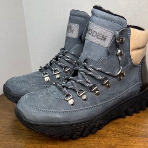 EUC Woden Womens Iris Track Gray Leather Sherpa Lined Hiking Boots, US sz 8
